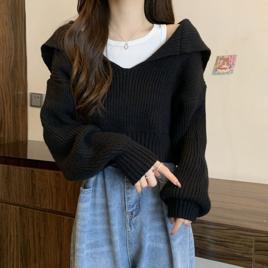 Cropped Sailor-Collar Loose Knit Sweater SpreePicky