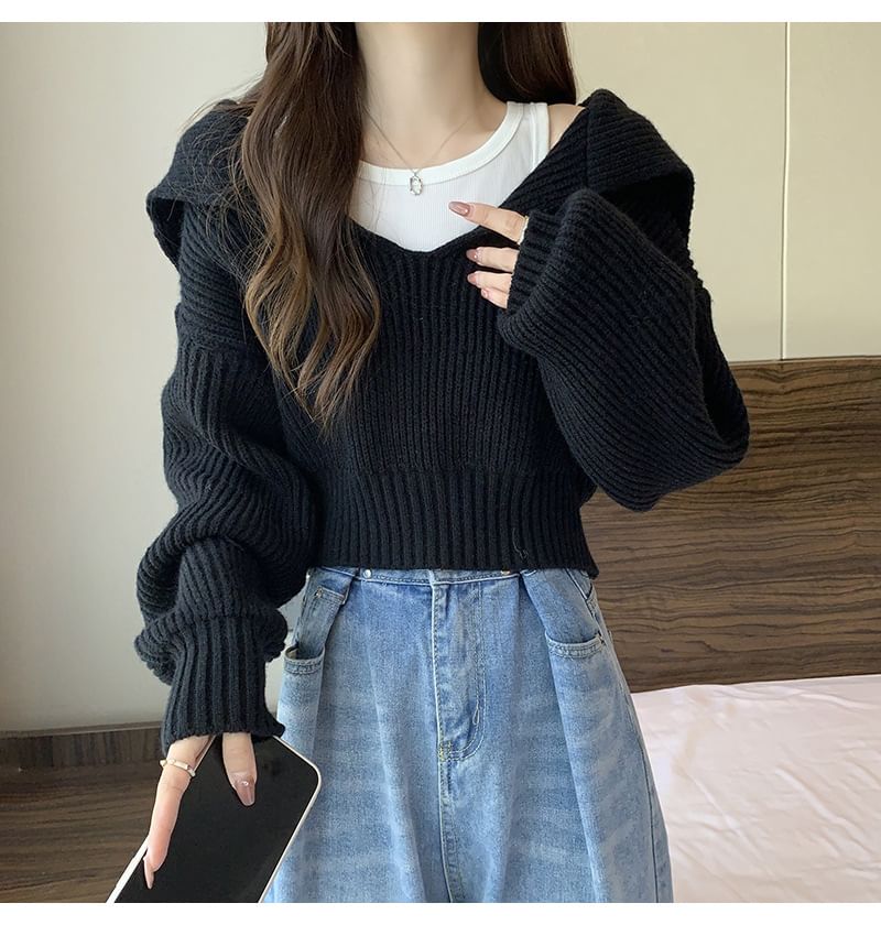 Cropped Sailor-Collar Loose Knit Sweater SpreePicky