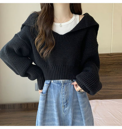 Cropped Sailor-Collar Loose Knit Sweater SpreePicky