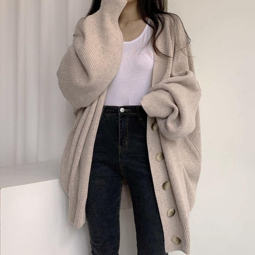 Oversized Bubble-Sleeve V-Neck Cardigan SpreePicky