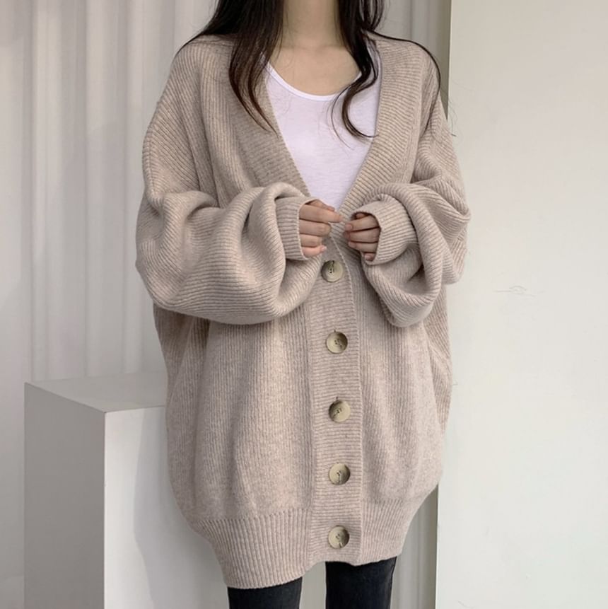 Oversized Bubble-Sleeve V-Neck Cardigan SpreePicky