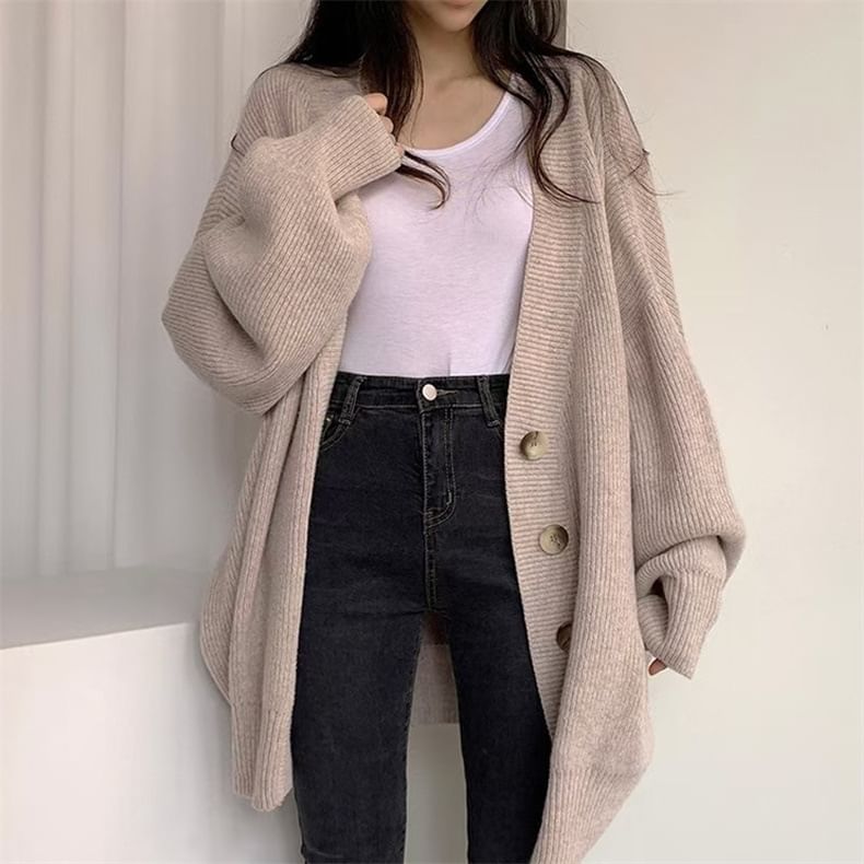 Oversized Bubble-Sleeve V-Neck Cardigan SpreePicky