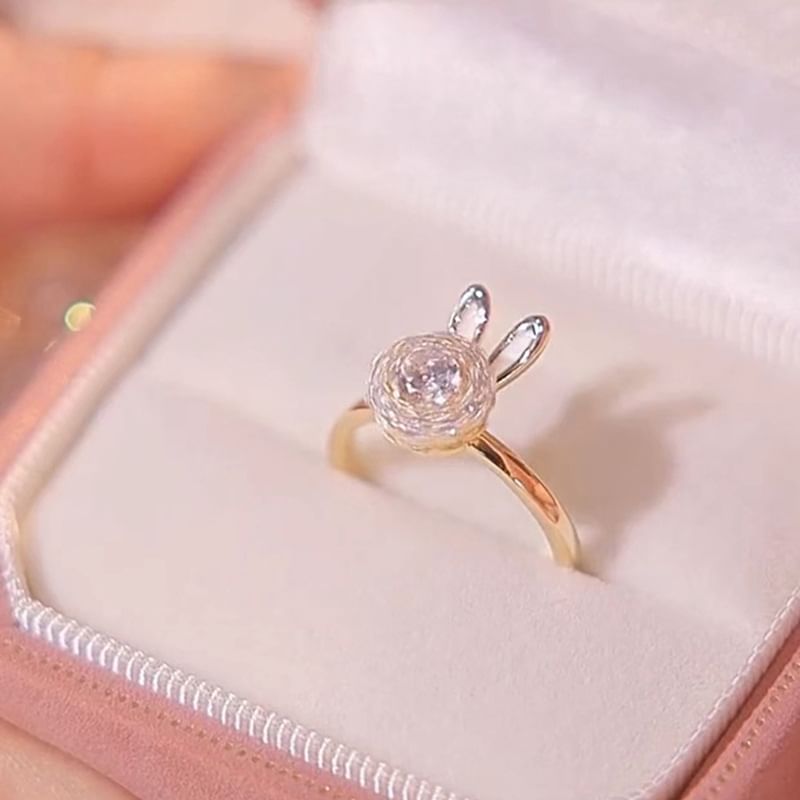 / Alloy Rhinestone Rabbit Necklace Open Ring Pendant FashionChic