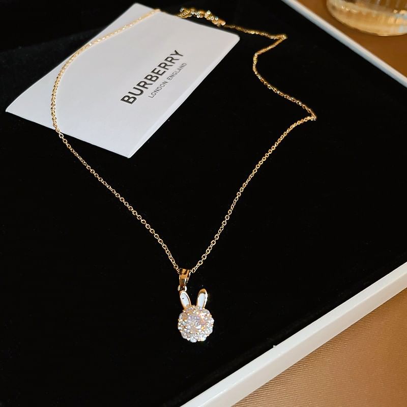 / Alloy Rhinestone Rabbit Necklace Open Ring Pendant FashionChic