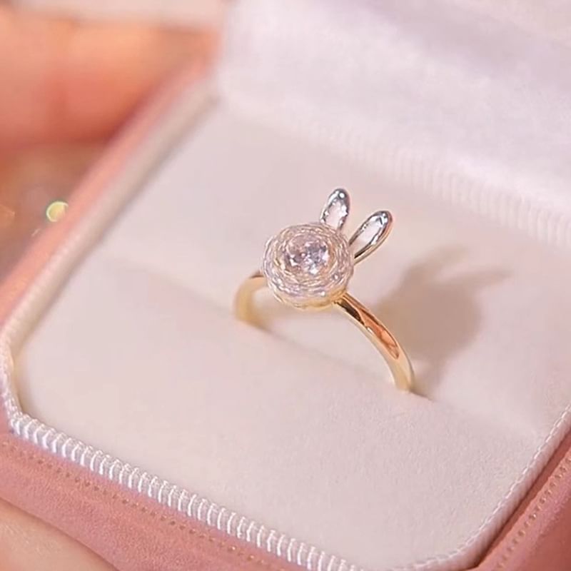 / Alloy Rhinestone Rabbit Necklace Open Ring Pendant FashionChic
