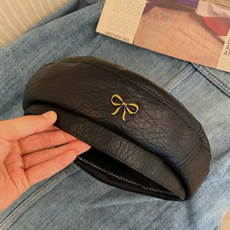 Ribbon Accent Faux Leather Beret SpreePicky