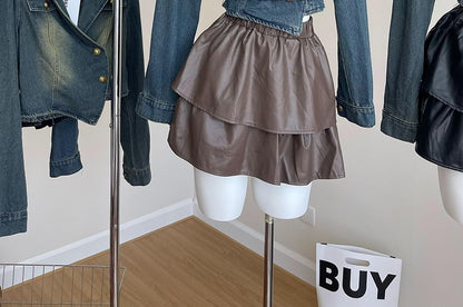 Set: Lapel Collar Denim Jacket + Faux Leather Mini Skirt + Belt SpreePicky