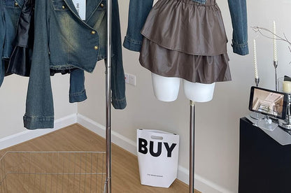 Set: Lapel Collar Denim Jacket + Faux Leather Mini Skirt + Belt SpreePicky