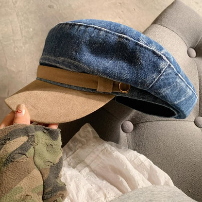 Washed Faux Suede Panel Denim Sailor Cap SpreePicky