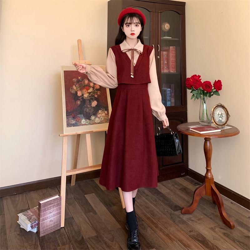 Mock Two-Piece Long-Sleeve Corduroy Two Tone Midi A-Line Dress SpreePicky