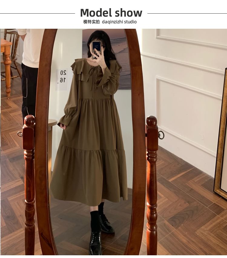 Long-Sleeve Ruffle Plain Midi A-Line Dress SpreePicky