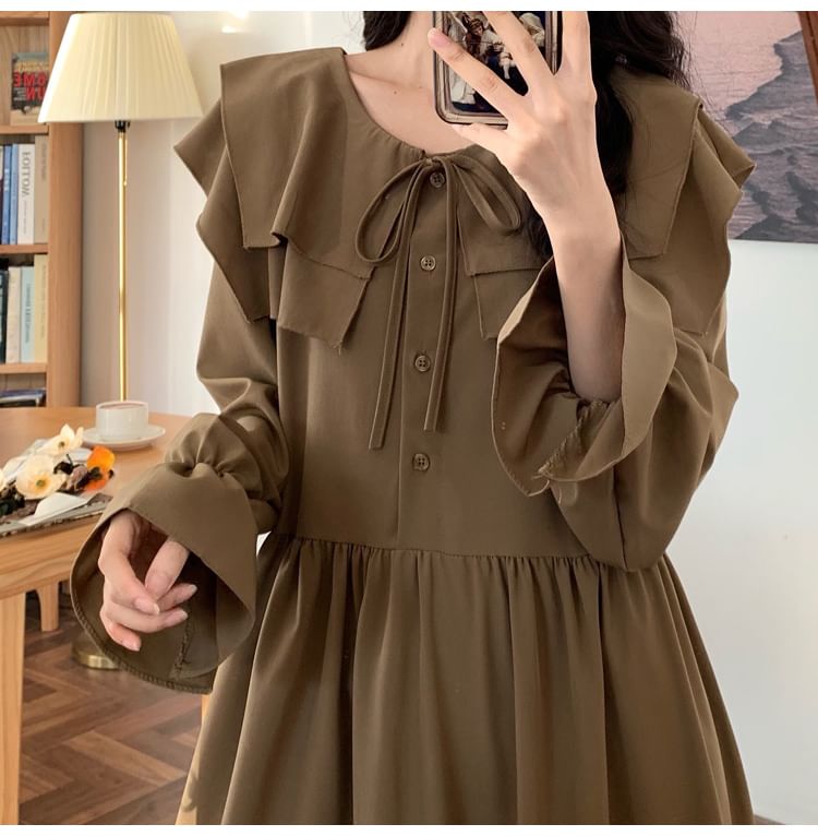 Long-Sleeve Ruffle Plain Midi A-Line Dress SpreePicky