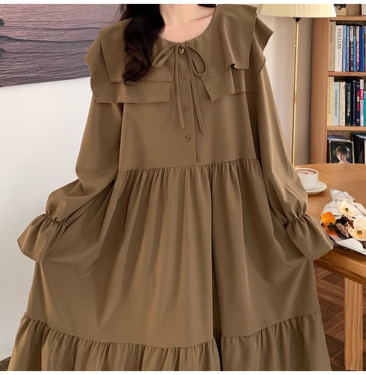 Long-Sleeve Ruffle Plain Midi A-Line Dress SpreePicky