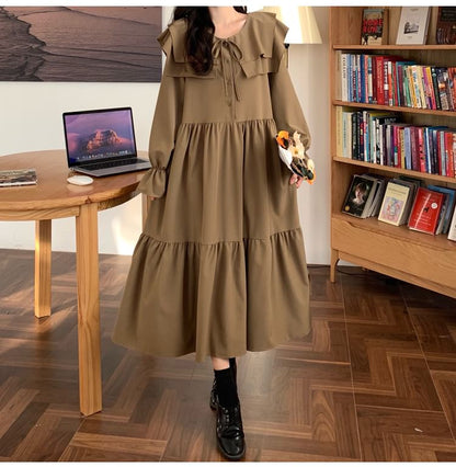 Long-Sleeve Ruffle Plain Midi A-Line Dress SpreePicky