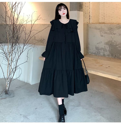 Long-Sleeve Ruffle Plain Midi A-Line Dress SpreePicky