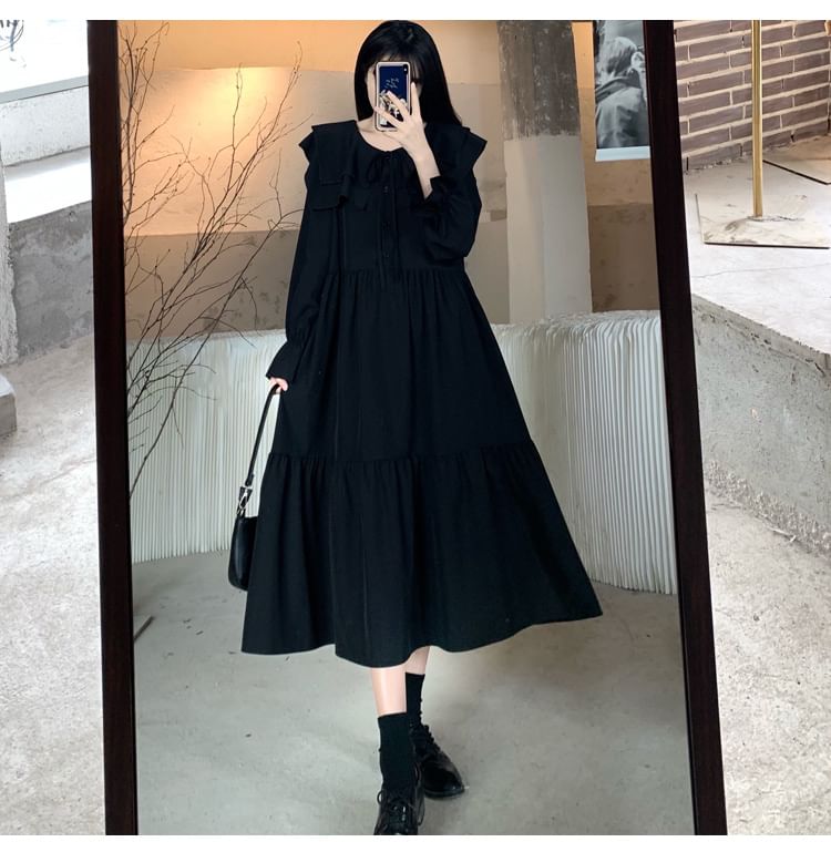 Long-Sleeve Ruffle Plain Midi A-Line Dress SpreePicky