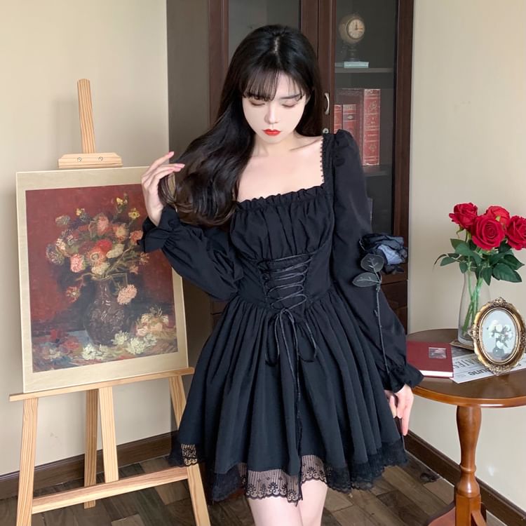 Long-Sleeve Square Neck Lace-Up Mini A-Line Dress SpreePicky