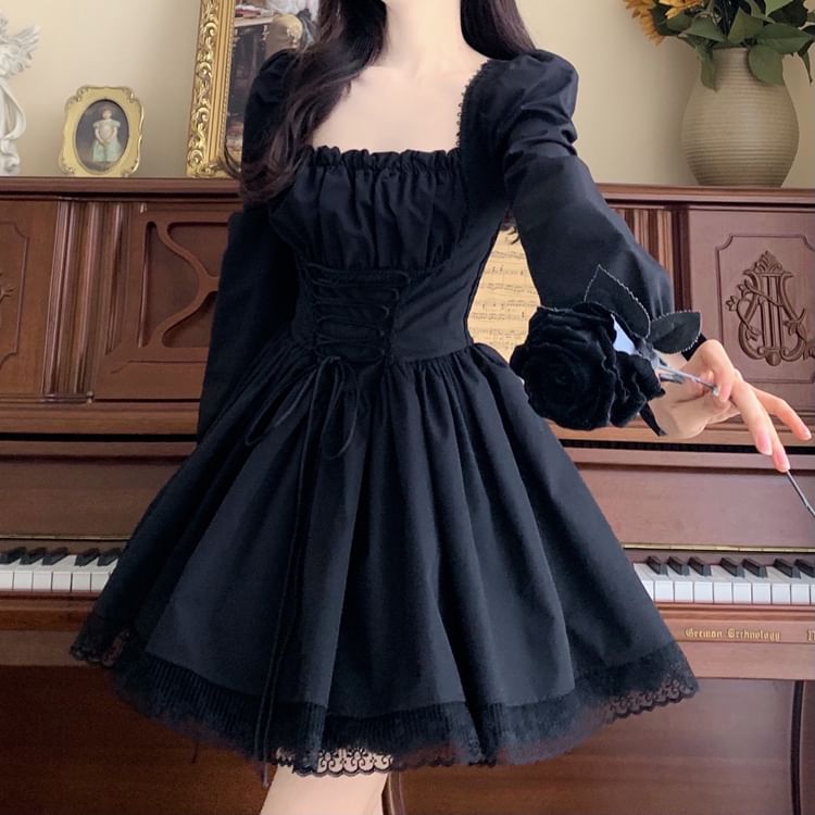 Long-Sleeve Square Neck Lace-Up Mini A-Line Dress SpreePicky