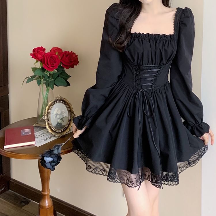 Long-Sleeve Square Neck Lace-Up Mini A-Line Dress SpreePicky