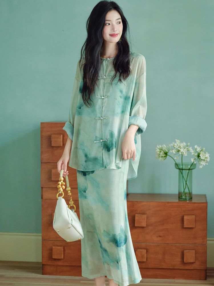 Set: Sheer Light Jacket + Spaghetti Strap Print Maxi Dress SpreePicky