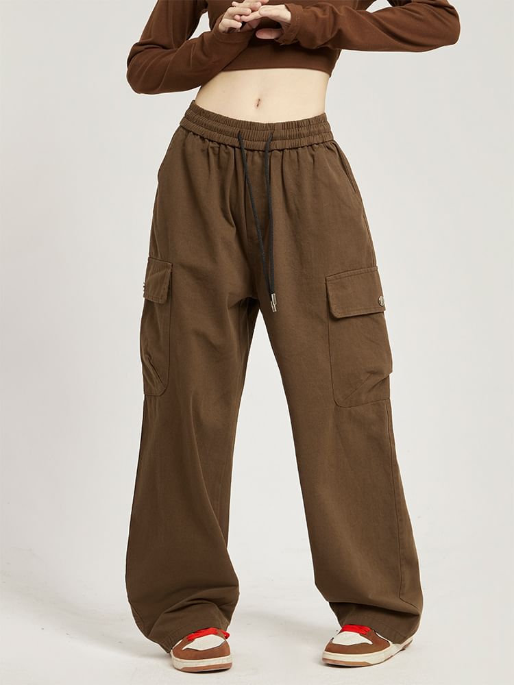 Low Rise Plain Pocket Loose-Fit Wide-Leg Sweatpants SpreePicky