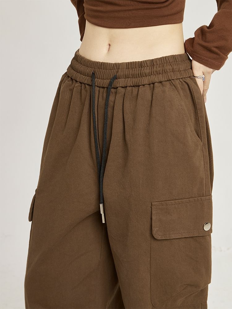 Low Rise Plain Pocket Loose-Fit Wide-Leg Sweatpants SpreePicky