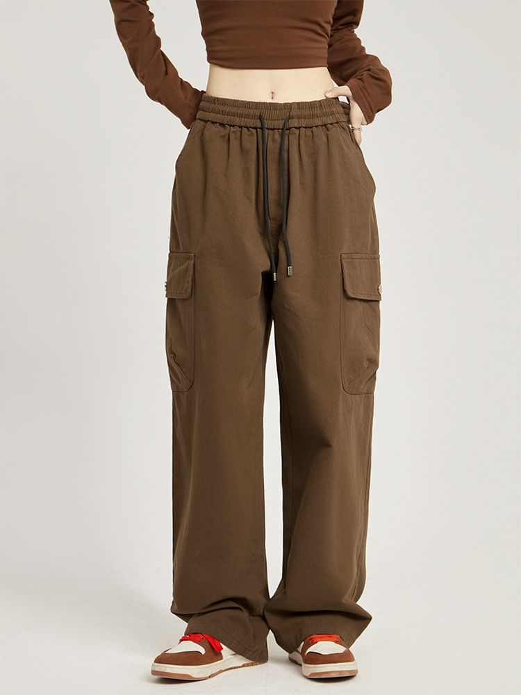 Low Rise Plain Pocket Loose-Fit Wide-Leg Sweatpants SpreePicky