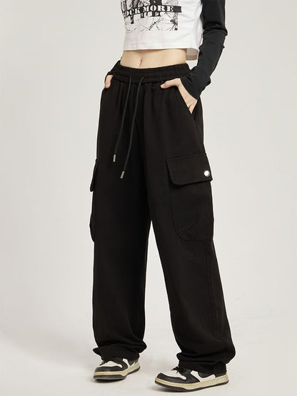 Low Rise Plain Pocket Loose-Fit Wide-Leg Sweatpants SpreePicky