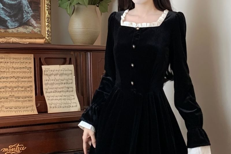 Long Sleeve Square Neck Frill Mock Two Piece Velvet Midi A-Line Dress SpreePicky