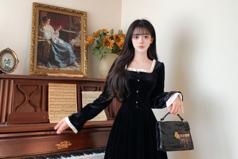 Long Sleeve Square Neck Frill Mock Two Piece Velvet Midi A-Line Dress SpreePicky