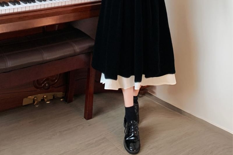 Long Sleeve Square Neck Frill Mock Two Piece Velvet Midi A-Line Dress SpreePicky