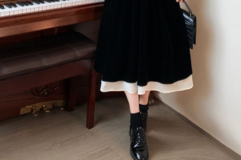 Long Sleeve Square Neck Frill Mock Two Piece Velvet Midi A-Line Dress SpreePicky