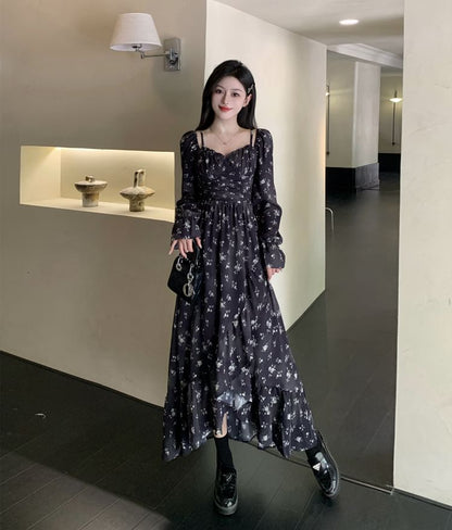 Long Sleeve V-Neck Floral Print Ruffle Ruched Midi A-Line Dress SpreePicky