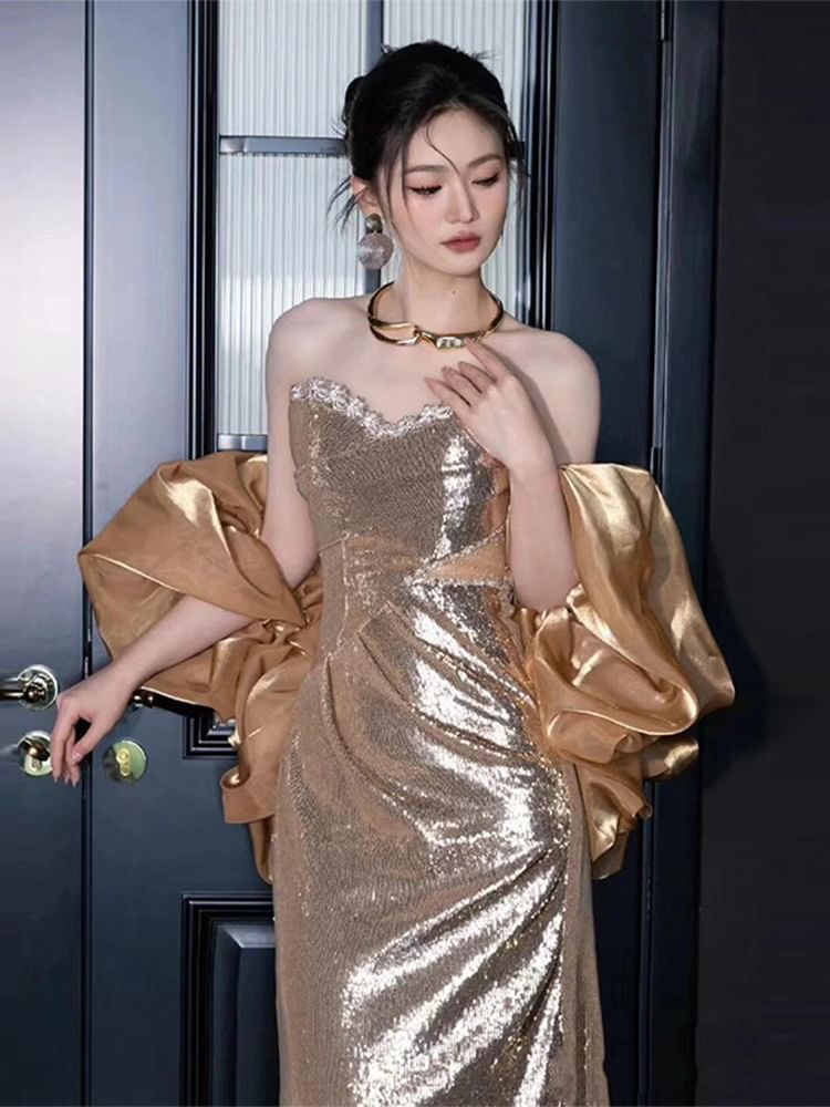 Strapless Sequin Sheath Evening Gown FashionChic