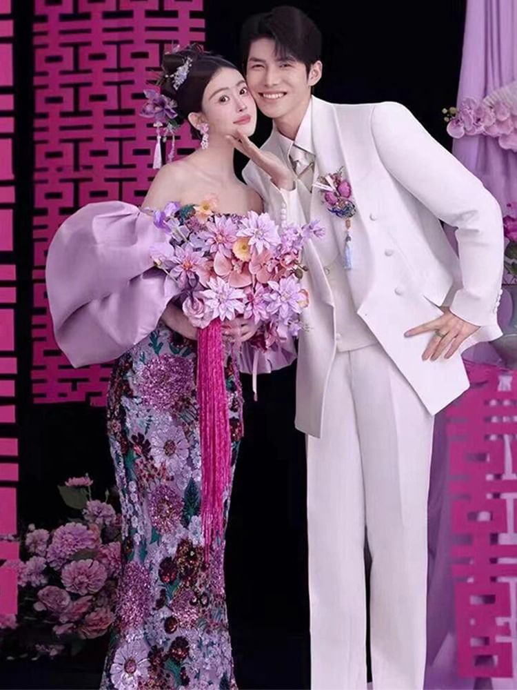 Strapless Gown Sequin Evening Mermaid Floral FashionChic