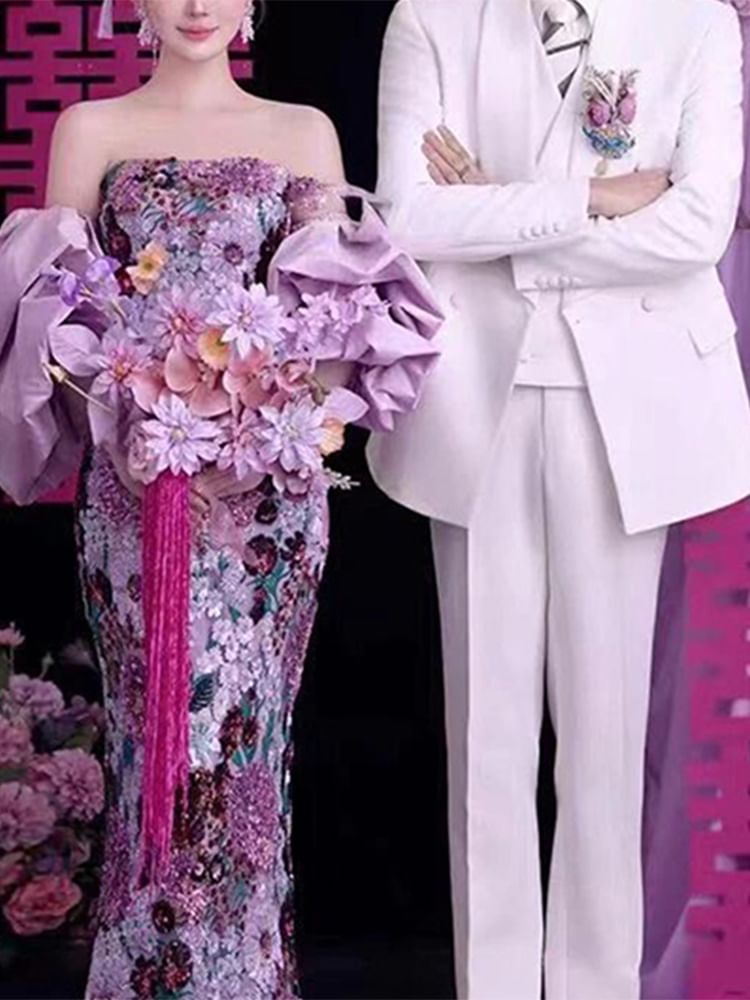 Strapless Gown Sequin Evening Mermaid Floral FashionChic