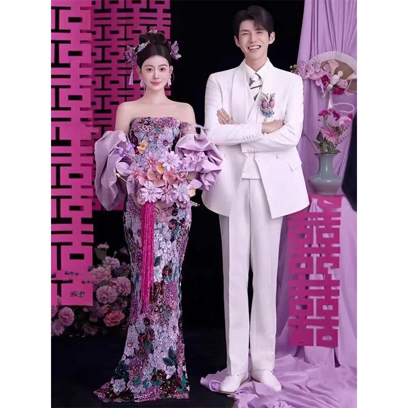 Strapless Gown Sequin Evening Mermaid Floral FashionChic