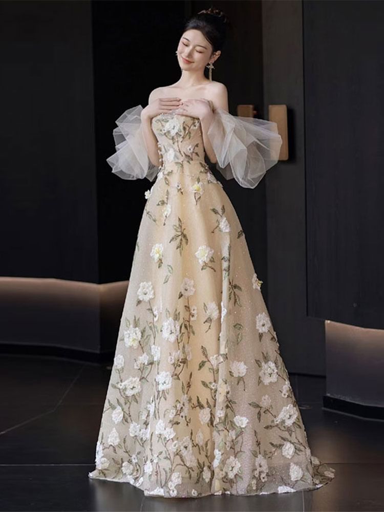 Strapless A-Line Gown Embroidered Evening Floral FashionChic