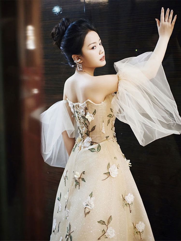 Strapless A-Line Gown Embroidered Evening Floral FashionChic