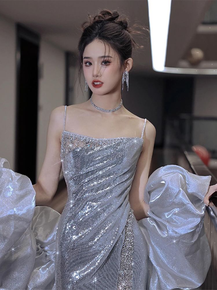 Evening Spaghetti Sequin Mermaid Strap Gown FashionChic