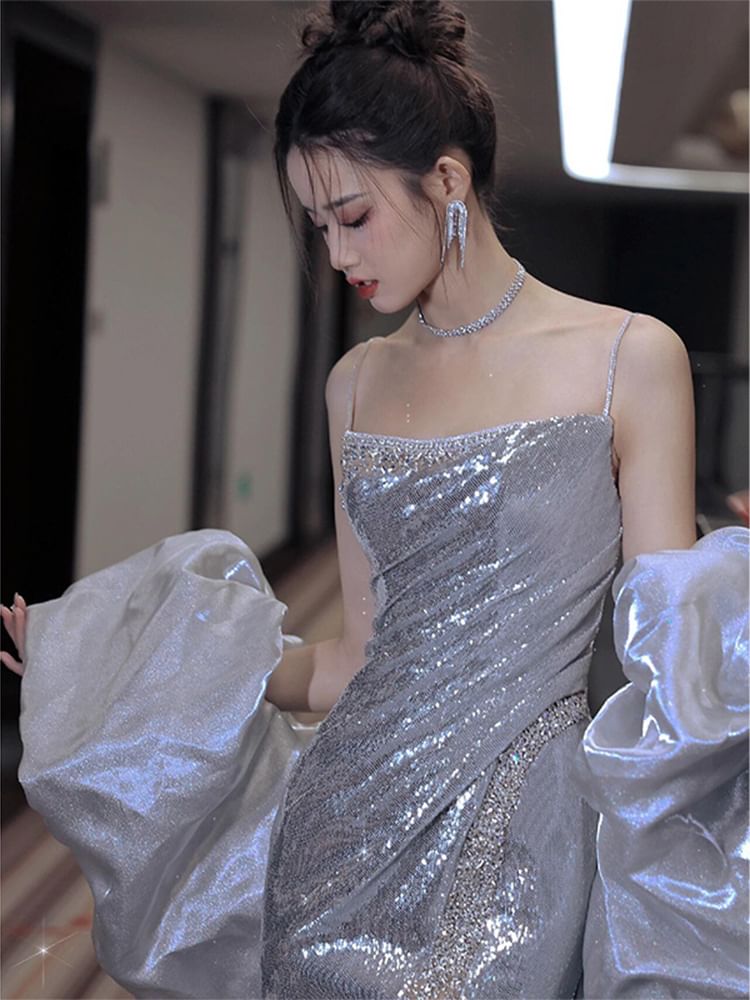 Evening Spaghetti Sequin Mermaid Strap Gown FashionChic