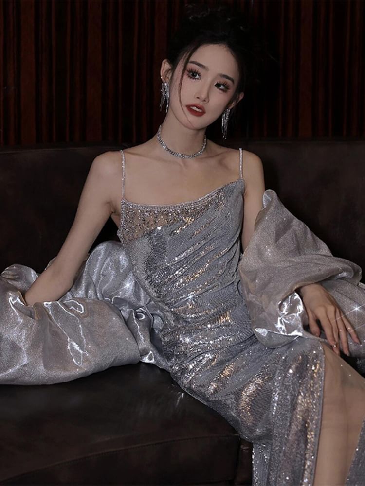 Evening Spaghetti Sequin Mermaid Strap Gown FashionChic