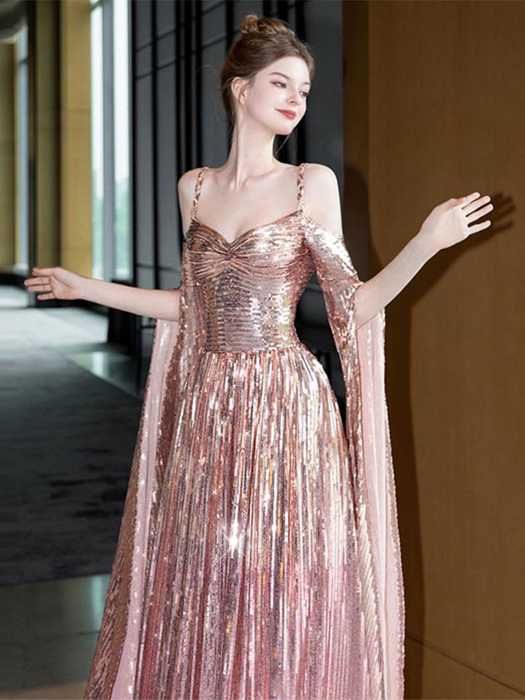 Cape-Sleeve Cold-Shoulder Sequin A-Line Evening Gown FashionChic