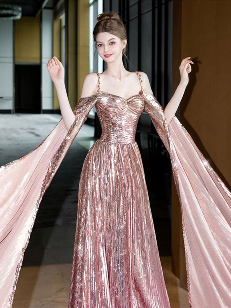 Cape-Sleeve Cold-Shoulder Sequin A-Line Evening Gown FashionChic