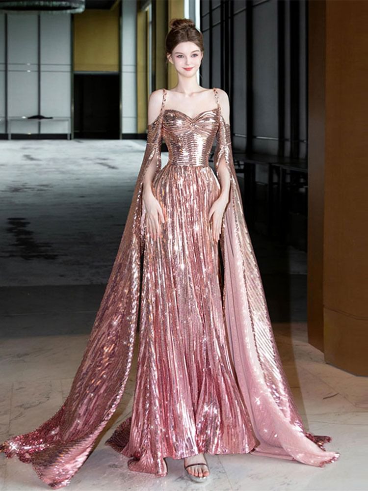 Cape-Sleeve Cold-Shoulder Sequin A-Line Evening Gown FashionChic