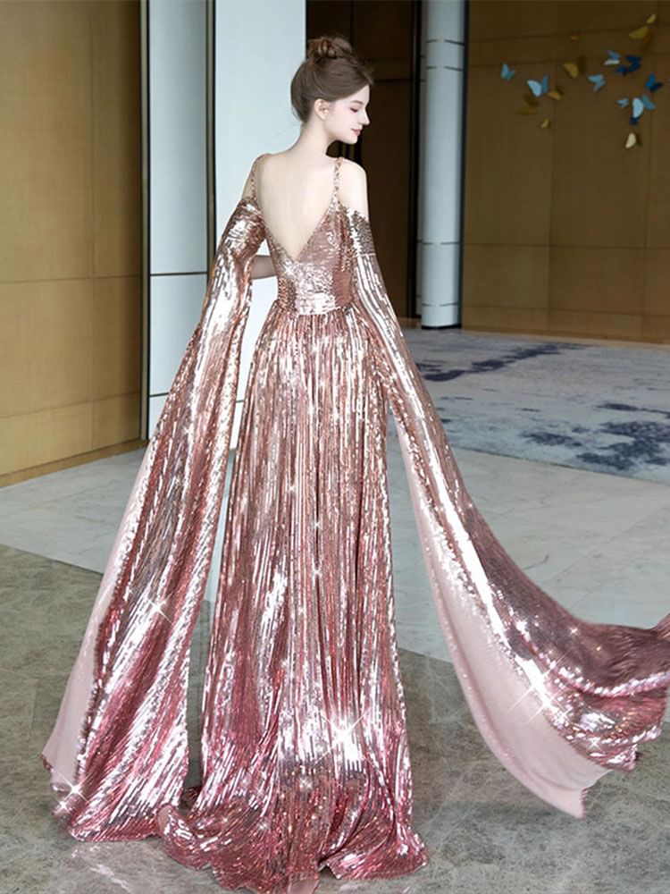 Cape-Sleeve Cold-Shoulder Sequin A-Line Evening Gown FashionChic