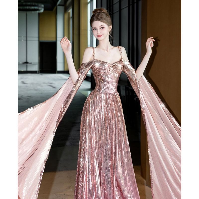 Cape-Sleeve Cold-Shoulder Sequin A-Line Evening Gown FashionChic