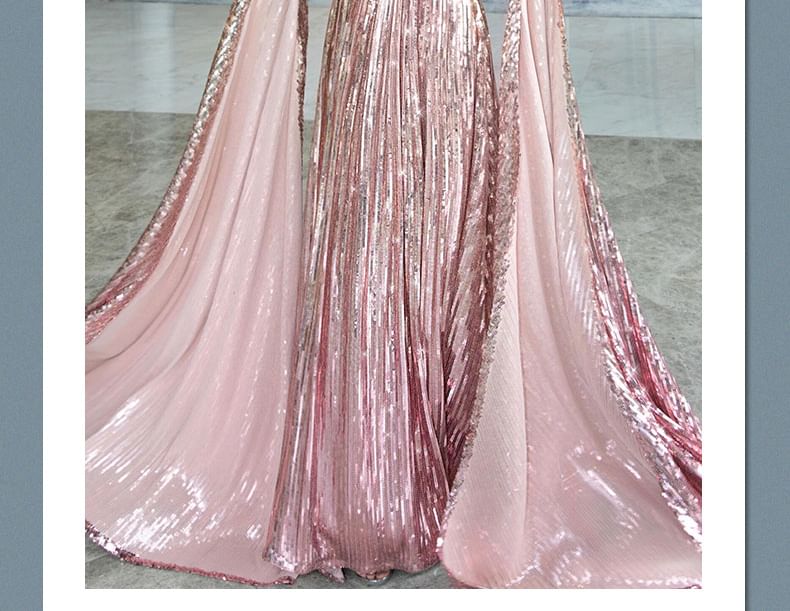 Cape-Sleeve Cold-Shoulder Sequin A-Line Evening Gown FashionChic