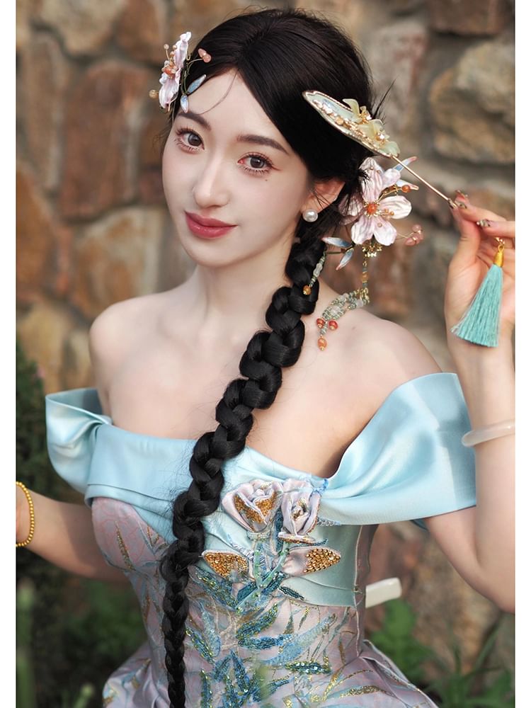 Sleeveless Off-Shoulder Floral Sequin Sheath Evening Gown FashionChic