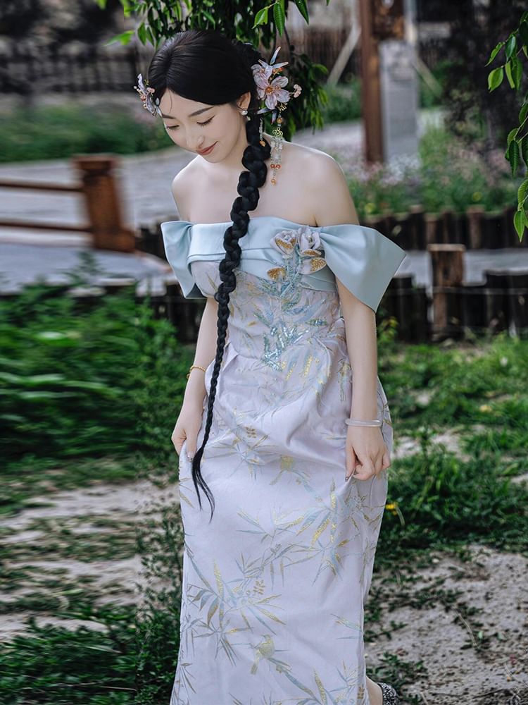 Sleeveless Off-Shoulder Floral Sequin Sheath Evening Gown FashionChic